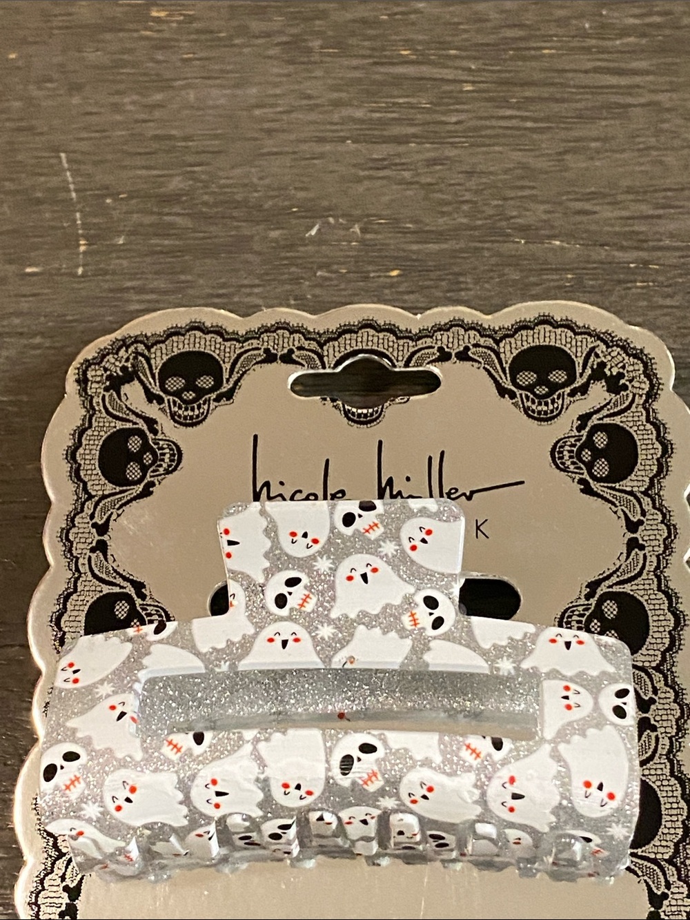 Nicole Miller White Ghost Pattern Glitter Hair Claw Clip